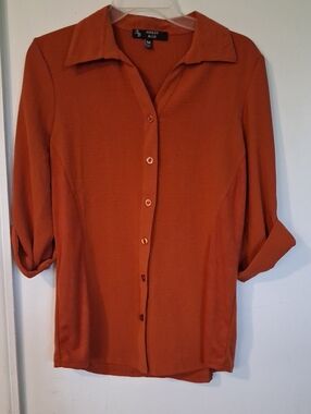 Ashley Blue Rust Orange Button-Down Collared Blouse
